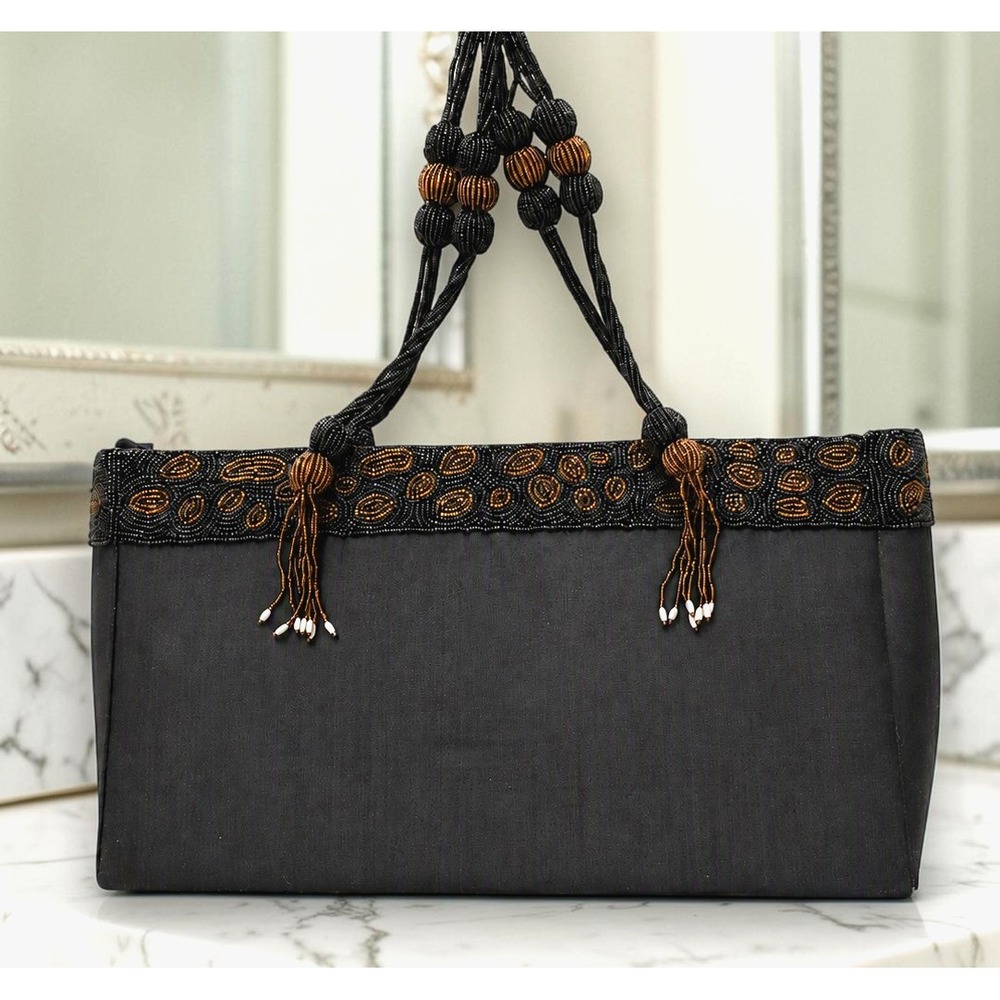 Shira Leah Beaded Trim Shoulder Bag Black Artisan Boho Handbag
